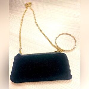 ZARA TRF Blk Leather Velvet Clutch Crossbody with Gold Chain & Large Hoop 8.5X4”